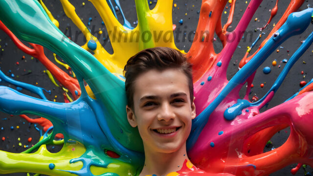 Paint Splat Fun - Hot men having fun with body paint. AI-generated abstract art featuring beautiful, handsome, sexy, shirtless, men, boys, lads, full of excitement joy and fun, covered in body paint, dynamic, interactive, Combining elements of realism with surreal abstract qualities, showcasing the potential of AI in artistic expression. Photos of guys, just smiling, happy, and having a good time. Most of them are smiling because a paint bomb just blow up next to them, so I'm calling is Abstract Art. When paint attacks and makes people happy, it's Art!