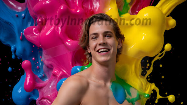 Paint Splat Fun - Hot men having fun with body paint. AI-generated abstract art featuring beautiful, handsome, sexy, shirtless, men, boys, lads, full of excitement joy and fun, covered in body paint, dynamic, interactive, Combining elements of realism with surreal abstract qualities, showcasing the potential of AI in artistic expression. Photos of guys, just smiling, happy, and having a good time. Most of them are smiling because a paint bomb just blow up next to them, so I'm calling is Abstract Art. When paint attacks and makes people happy, it's Art!
