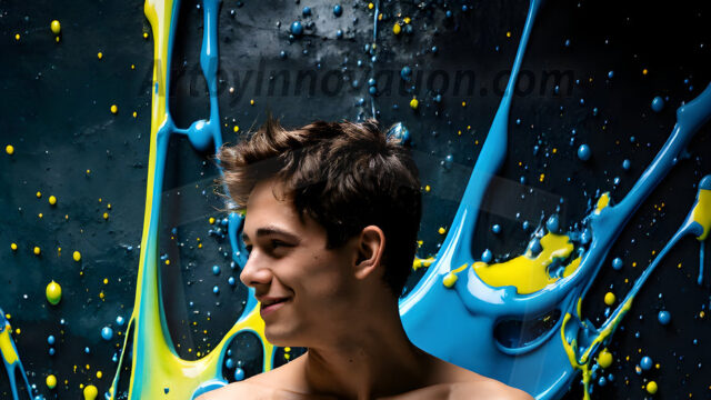 Paint Splat Fun - Hot men having fun with body paint. AI-generated abstract art featuring beautiful, handsome, sexy, shirtless, men, boys, lads, full of excitement joy and fun, covered in body paint, dynamic, interactive, Combining elements of realism with surreal abstract qualities, showcasing the potential of AI in artistic expression. Photos of guys, just smiling, happy, and having a good time. Most of them are smiling because a paint bomb just blow up next to them, so I'm calling is Abstract Art. When paint attacks and makes people happy, it's Art!