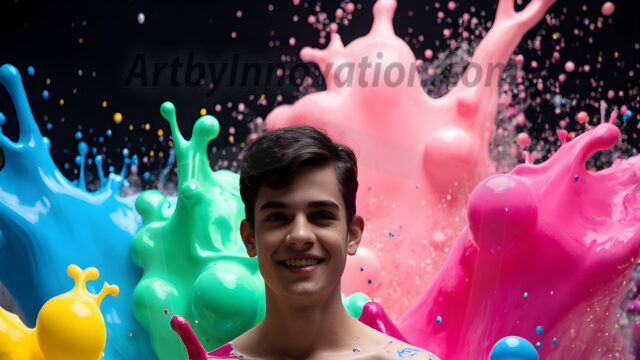 Paint Splat Fun - Hot men having fun with body paint. AI-generated abstract art featuring beautiful, handsome, sexy, shirtless, men, boys, lads, full of excitement joy and fun, covered in body paint, dynamic, interactive, Combining elements of realism with surreal abstract qualities, showcasing the potential of AI in artistic expression. Photos of guys, just smiling, happy, and having a good time. Most of them are smiling because a paint bomb just blow up next to them, so I'm calling is Abstract Art. When paint attacks and makes people happy, it's Art!