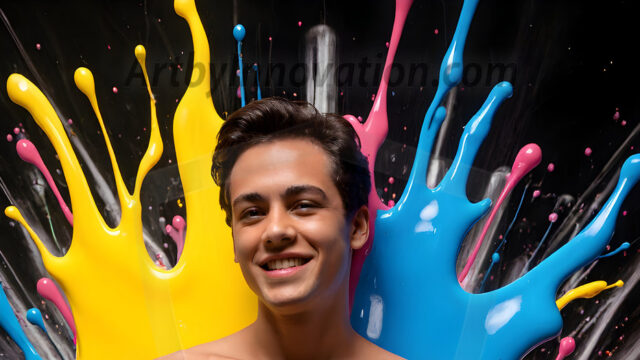 Paint Splat Fun - Hot men having fun with body paint. AI-generated abstract art featuring beautiful, handsome, sexy, shirtless, men, boys, lads, full of excitement joy and fun, covered in body paint, dynamic, interactive, Combining elements of realism with surreal abstract qualities, showcasing the potential of AI in artistic expression. Photos of guys, just smiling, happy, and having a good time. Most of them are smiling because a paint bomb just blow up next to them, so I'm calling is Abstract Art. When paint attacks and makes people happy, it's Art!