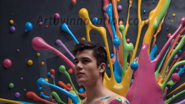 Paint Splat Fun - Hot men having fun with body paint. AI-generated abstract art featuring beautiful, handsome, sexy, shirtless, men, boys, lads, full of excitement joy and fun, covered in body paint, dynamic, interactive, Combining elements of realism with surreal abstract qualities, showcasing the potential of AI in artistic expression. Photos of guys, just smiling, happy, and having a good time. Most of them are smiling because a paint bomb just blow up next to them, so I'm calling is Abstract Art. When paint attacks and makes people happy, it's Art!