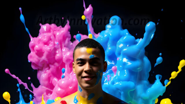 Paint Splat Fun - Hot men having fun with body paint. AI-generated abstract art featuring beautiful, handsome, sexy, shirtless, men, boys, lads, full of excitement joy and fun, covered in body paint, dynamic, interactive, Combining elements of realism with surreal abstract qualities, showcasing the potential of AI in artistic expression. Photos of guys, just smiling, happy, and having a good time. Most of them are smiling because a paint bomb just blow up next to them, so I'm calling is Abstract Art. When paint attacks and makes people happy, it's Art!