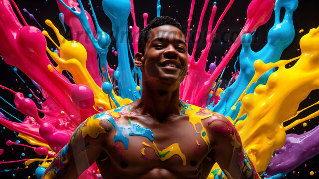 Paint Splat Fun - Hot men having fun with body paint. AI-generated abstract art featuring beautiful, handsome, sexy, shirtless, men, boys, lads, full of excitement joy and fun, covered in body paint, dynamic, interactive, Combining elements of realism with surreal abstract qualities, showcasing the potential of AI in artistic expression. Photos of guys, just smiling, happy, and having a good time. Most of them are smiling because a paint bomb just blow up next to them, so I'm calling is Abstract Art. When paint attacks and makes people happy, it's Art!