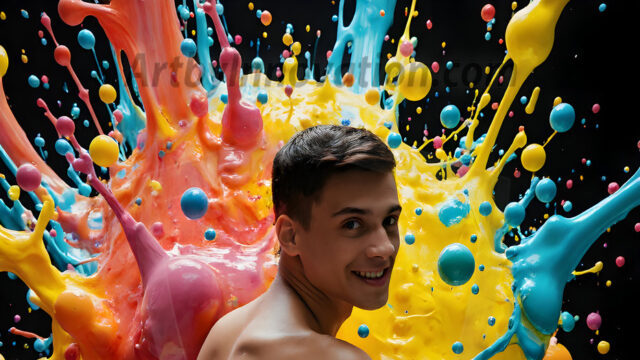 Paint Splat Fun - Hot men having fun with body paint. AI-generated abstract art featuring beautiful, handsome, sexy, shirtless, men, boys, lads, full of excitement joy and fun, covered in body paint, dynamic, interactive, Combining elements of realism with surreal abstract qualities, showcasing the potential of AI in artistic expression. Photos of guys, just smiling, happy, and having a good time. Most of them are smiling because a paint bomb just blow up next to them, so I'm calling is Abstract Art. When paint attacks and makes people happy, it's Art!