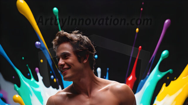 Paint Splat Fun - Hot men having fun with body paint. AI-generated abstract art featuring beautiful, handsome, sexy, shirtless, men, boys, lads, full of excitement joy and fun, covered in body paint, dynamic, interactive, Combining elements of realism with surreal abstract qualities, showcasing the potential of AI in artistic expression. Photos of guys, just smiling, happy, and having a good time. Most of them are smiling because a paint bomb just blow up next to them, so I'm calling is Abstract Art. When paint attacks and makes people happy, it's Art!