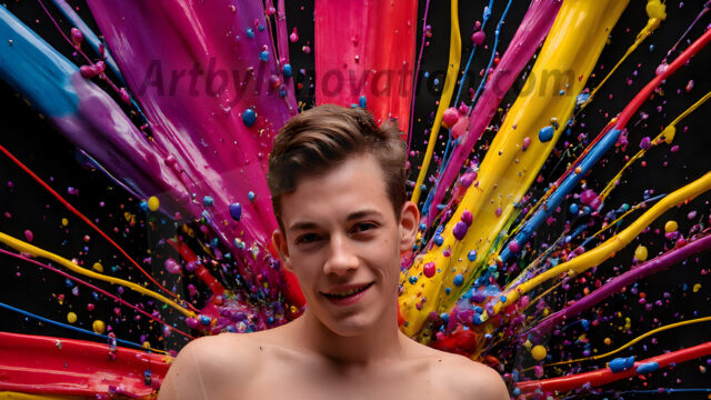 Paint Splat Fun - Hot men having fun with body paint. AI-generated abstract art featuring beautiful, handsome, sexy, shirtless, men, boys, lads, full of excitement joy and fun, covered in body paint, dynamic, interactive, Combining elements of realism with surreal abstract qualities, showcasing the potential of AI in artistic expression. Photos of guys, just smiling, happy, and having a good time. Most of them are smiling because a paint bomb just blow up next to them, so I'm calling is Abstract Art. When paint attacks and makes people happy, it's Art!