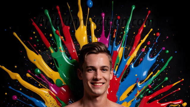 Paint Splat Fun - Hot men having fun with body paint. AI-generated abstract art featuring beautiful, handsome, sexy, shirtless, men, boys, lads, full of excitement joy and fun, covered in body paint, dynamic, interactive, Combining elements of realism with surreal abstract qualities, showcasing the potential of AI in artistic expression. Photos of guys, just smiling, happy, and having a good time. Most of them are smiling because a paint bomb just blow up next to them, so I'm calling is Abstract Art. When paint attacks and makes people happy, it's Art!