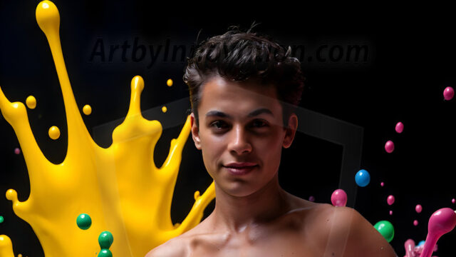 Paint Splat Fun - Hot men having fun with body paint. AI-generated abstract art featuring beautiful, handsome, sexy, shirtless, men, boys, lads, full of excitement joy and fun, covered in body paint, dynamic, interactive, Combining elements of realism with surreal abstract qualities, showcasing the potential of AI in artistic expression. Photos of guys, just smiling, happy, and having a good time. Most of them are smiling because a paint bomb just blow up next to them, so I'm calling is Abstract Art. When paint attacks and makes people happy, it's Art!