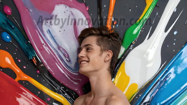 Paint Splat Fun - Hot men having fun with body paint. AI-generated abstract art featuring beautiful, handsome, sexy, shirtless, men, boys, lads, full of excitement joy and fun, covered in body paint, dynamic, interactive, Combining elements of realism with surreal abstract qualities, showcasing the potential of AI in artistic expression. Photos of guys, just smiling, happy, and having a good time. Most of them are smiling because a paint bomb just blow up next to them, so I'm calling is Abstract Art. When paint attacks and makes people happy, it's Art!