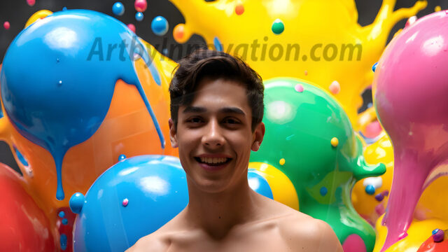 Paint Splat Fun - Hot men having fun with body paint. AI-generated abstract art featuring beautiful, handsome, sexy, shirtless, men, boys, lads, full of excitement joy and fun, covered in body paint, dynamic, interactive, Combining elements of realism with surreal abstract qualities, showcasing the potential of AI in artistic expression. Photos of guys, just smiling, happy, and having a good time. Most of them are smiling because a paint bomb just blow up next to them, so I'm calling is Abstract Art. When paint attacks and makes people happy, it's Art!