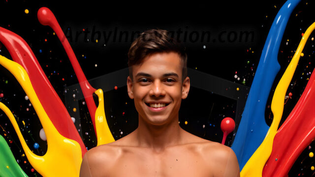 Paint Splat Fun - Hot men having fun with body paint. AI-generated abstract art featuring beautiful, handsome, sexy, shirtless, men, boys, lads, full of excitement joy and fun, covered in body paint, dynamic, interactive, Combining elements of realism with surreal abstract qualities, showcasing the potential of AI in artistic expression. Photos of guys, just smiling, happy, and having a good time. Most of them are smiling because a paint bomb just blow up next to them, so I'm calling is Abstract Art. When paint attacks and makes people happy, it's Art!