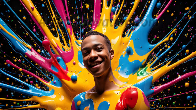 Paint Splat Fun - Hot men having fun with body paint. AI-generated abstract art featuring beautiful, handsome, sexy, shirtless, men, boys, lads, full of excitement joy and fun, covered in body paint, dynamic, interactive, Combining elements of realism with surreal abstract qualities, showcasing the potential of AI in artistic expression. Photos of guys, just smiling, happy, and having a good time. Most of them are smiling because a paint bomb just blow up next to them, so I'm calling is Abstract Art. When paint attacks and makes people happy, it's Art!