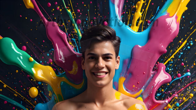 Paint Splat Fun - Hot men having fun with body paint. AI-generated abstract art featuring beautiful, handsome, sexy, shirtless, men, boys, lads, full of excitement joy and fun, covered in body paint, dynamic, interactive, Combining elements of realism with surreal abstract qualities, showcasing the potential of AI in artistic expression. Photos of guys, just smiling, happy, and having a good time. Most of them are smiling because a paint bomb just blow up next to them, so I'm calling is Abstract Art. When paint attacks and makes people happy, it's Art!