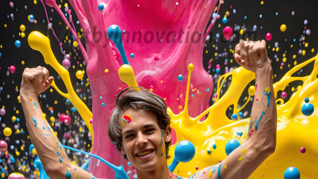 Paint Splat Fun - Hot men having fun with body paint. AI-generated abstract art featuring beautiful, handsome, sexy, shirtless, men, boys, lads, full of excitement joy and fun, covered in body paint, dynamic, interactive, Combining elements of realism with surreal abstract qualities, showcasing the potential of AI in artistic expression. Photos of guys, just smiling, happy, and having a good time. Most of them are smiling because a paint bomb just blow up next to them, so I'm calling is Abstract Art. When paint attacks and makes people happy, it's Art!