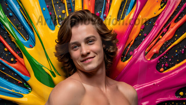 Paint Splat Fun - Hot men having fun with body paint. AI-generated abstract art featuring beautiful, handsome, sexy, shirtless, men, boys, lads, full of excitement joy and fun, covered in body paint, dynamic, interactive, Combining elements of realism with surreal abstract qualities, showcasing the potential of AI in artistic expression. Photos of guys, just smiling, happy, and having a good time. Most of them are smiling because a paint bomb just blow up next to them, so I'm calling is Abstract Art. When paint attacks and makes people happy, it's Art!