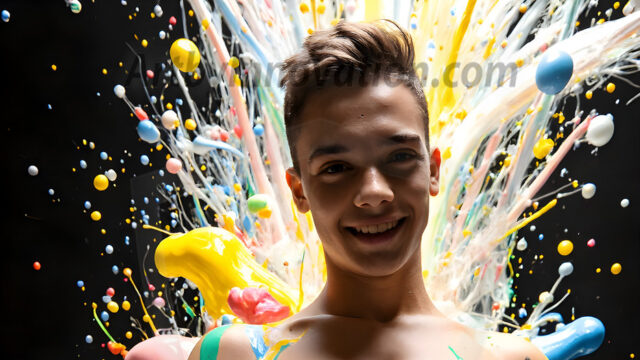 Paint Splat Fun - Hot men having fun with body paint. AI-generated abstract art featuring beautiful, handsome, sexy, shirtless, men, boys, lads, full of excitement joy and fun, covered in body paint, dynamic, interactive, Combining elements of realism with surreal abstract qualities, showcasing the potential of AI in artistic expression. Photos of guys, just smiling, happy, and having a good time. Most of them are smiling because a paint bomb just blow up next to them, so I'm calling is Abstract Art. When paint attacks and makes people happy, it's Art!