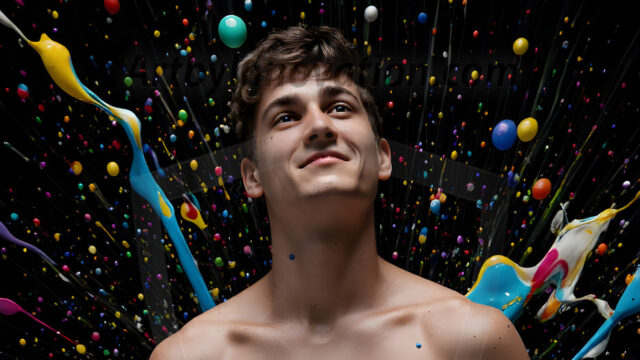 Paint Splat Fun - Hot men having fun with body paint. AI-generated abstract art featuring beautiful, handsome, sexy, shirtless, men, boys, lads, full of excitement joy and fun, covered in body paint, dynamic, interactive, Combining elements of realism with surreal abstract qualities, showcasing the potential of AI in artistic expression. Photos of guys, just smiling, happy, and having a good time. Most of them are smiling because a paint bomb just blow up next to them, so I'm calling is Abstract Art. When paint attacks and makes people happy, it's Art!