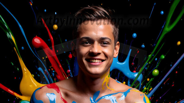 Paint Splat Fun - Hot men having fun with body paint. AI-generated abstract art featuring beautiful, handsome, sexy, shirtless, men, boys, lads, full of excitement joy and fun, covered in body paint, dynamic, interactive, Combining elements of realism with surreal abstract qualities, showcasing the potential of AI in artistic expression. Photos of guys, just smiling, happy, and having a good time. Most of them are smiling because a paint bomb just blow up next to them, so I'm calling is Abstract Art. When paint attacks and makes people happy, it's Art!