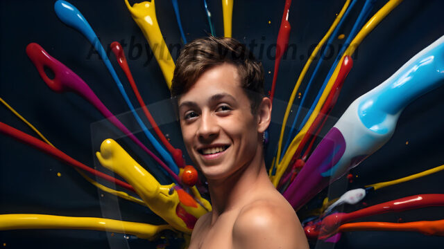 Paint Splat Fun - Hot men having fun with body paint. AI-generated abstract art featuring beautiful, handsome, sexy, shirtless, men, boys, lads, full of excitement joy and fun, covered in body paint, dynamic, interactive, Combining elements of realism with surreal abstract qualities, showcasing the potential of AI in artistic expression. Photos of guys, just smiling, happy, and having a good time. Most of them are smiling because a paint bomb just blow up next to them, so I'm calling is Abstract Art. When paint attacks and makes people happy, it's Art!