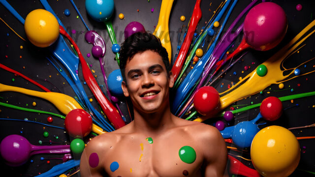 Paint Splat Fun - Hot men having fun with body paint. AI-generated abstract art featuring beautiful, handsome, sexy, shirtless, men, boys, lads, full of excitement joy and fun, covered in body paint, dynamic, interactive, Combining elements of realism with surreal abstract qualities, showcasing the potential of AI in artistic expression. Photos of guys, just smiling, happy, and having a good time. Most of them are smiling because a paint bomb just blow up next to them, so I'm calling is Abstract Art. When paint attacks and makes people happy, it's Art!
