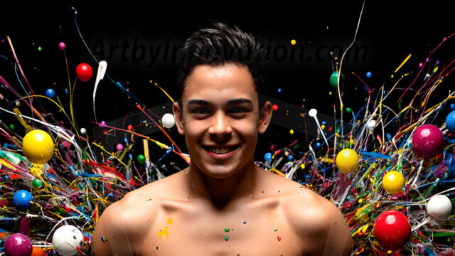 Paint Splat Fun - Hot men having fun with body paint. AI-generated abstract art featuring beautiful, handsome, sexy, shirtless, men, boys, lads, full of excitement joy and fun, covered in body paint, dynamic, interactive, Combining elements of realism with surreal abstract qualities, showcasing the potential of AI in artistic expression. Photos of guys, just smiling, happy, and having a good time. Most of them are smiling because a paint bomb just blow up next to them, so I'm calling is Abstract Art. When paint attacks and makes people happy, it's Art!