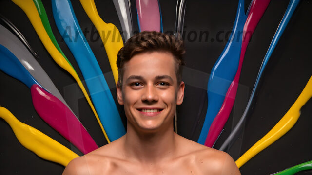 Paint Splat Fun - Hot men having fun with body paint. AI-generated abstract art featuring beautiful, handsome, sexy, shirtless, men, boys, lads, full of excitement joy and fun, covered in body paint, dynamic, interactive, Combining elements of realism with surreal abstract qualities, showcasing the potential of AI in artistic expression. Photos of guys, just smiling, happy, and having a good time. Most of them are smiling because a paint bomb just blow up next to them, so I'm calling is Abstract Art. When paint attacks and makes people happy, it's Art!