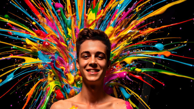 Paint Splat Fun - Hot men having fun with body paint. AI-generated abstract art featuring beautiful, handsome, sexy, shirtless, men, boys, lads, full of excitement joy and fun, covered in body paint, dynamic, interactive, Combining elements of realism with surreal abstract qualities, showcasing the potential of AI in artistic expression. Photos of guys, just smiling, happy, and having a good time. Most of them are smiling because a paint bomb just blow up next to them, so I'm calling is Abstract Art. When paint attacks and makes people happy, it's Art!