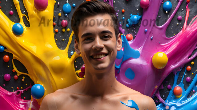 Paint Splat Fun - Hot men having fun with body paint. AI-generated abstract art featuring beautiful, handsome, sexy, shirtless, men, boys, lads, full of excitement joy and fun, covered in body paint, dynamic, interactive, Combining elements of realism with surreal abstract qualities, showcasing the potential of AI in artistic expression. Photos of guys, just smiling, happy, and having a good time. Most of them are smiling because a paint bomb just blow up next to them, so I'm calling is Abstract Art. When paint attacks and makes people happy, it's Art!