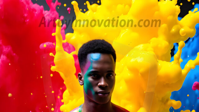Paint Splat Fun - Hot men having fun with body paint. AI-generated abstract art featuring beautiful, handsome, sexy, shirtless, men, boys, lads, full of excitement joy and fun, covered in body paint, dynamic, interactive, Combining elements of realism with surreal abstract qualities, showcasing the potential of AI in artistic expression. Photos of guys, just smiling, happy, and having a good time. Most of them are smiling because a paint bomb just blow up next to them, so I'm calling is Abstract Art. When paint attacks and makes people happy, it's Art!