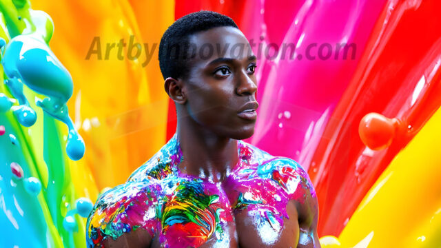 Paint Splat Fun - Hot men having fun with body paint. AI-generated abstract art featuring beautiful, handsome, sexy, shirtless, men, boys, lads, full of excitement joy and fun, covered in body paint, dynamic, interactive, Combining elements of realism with surreal abstract qualities, showcasing the potential of AI in artistic expression. Photos of guys, just smiling, happy, and having a good time. Most of them are smiling because a paint bomb just blow up next to them, so I'm calling is Abstract Art. When paint attacks and makes people happy, it's Art!