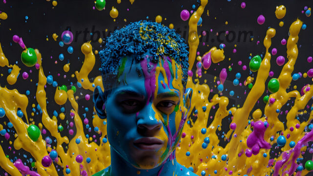 Paint Splat Fun - Hot men having fun with body paint. AI-generated abstract art featuring beautiful, handsome, sexy, shirtless, men, boys, lads, full of excitement joy and fun, covered in body paint, dynamic, interactive, Combining elements of realism with surreal abstract qualities, showcasing the potential of AI in artistic expression. Photos of guys, just smiling, happy, and having a good time. Most of them are smiling because a paint bomb just blow up next to them, so I'm calling is Abstract Art. When paint attacks and makes people happy, it's Art!