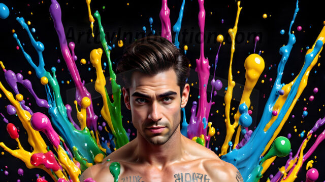 Paint Splat Fun - Hot men having fun with body paint. AI-generated abstract art featuring beautiful, handsome, sexy, shirtless, men, boys, lads, full of excitement joy and fun, covered in body paint, dynamic, interactive, Combining elements of realism with surreal abstract qualities, showcasing the potential of AI in artistic expression. Photos of guys, just smiling, happy, and having a good time. Most of them are smiling because a paint bomb just blow up next to them, so I'm calling is Abstract Art. When paint attacks and makes people happy, it's Art!