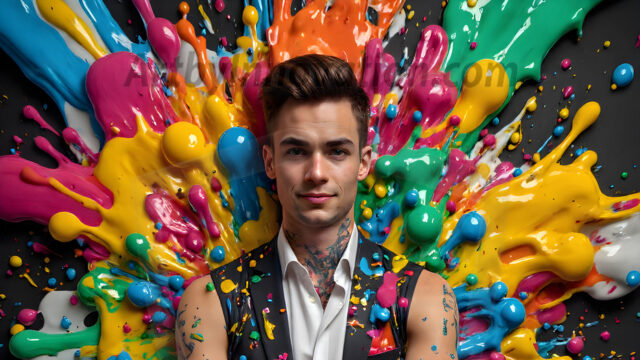 Paint Splat Fun - Hot men having fun with body paint. AI-generated abstract art featuring beautiful, handsome, sexy, shirtless, men, boys, lads, full of excitement joy and fun, covered in body paint, dynamic, interactive, Combining elements of realism with surreal abstract qualities, showcasing the potential of AI in artistic expression. Photos of guys, just smiling, happy, and having a good time. Most of them are smiling because a paint bomb just blow up next to them, so I'm calling is Abstract Art. When paint attacks and makes people happy, it's Art!