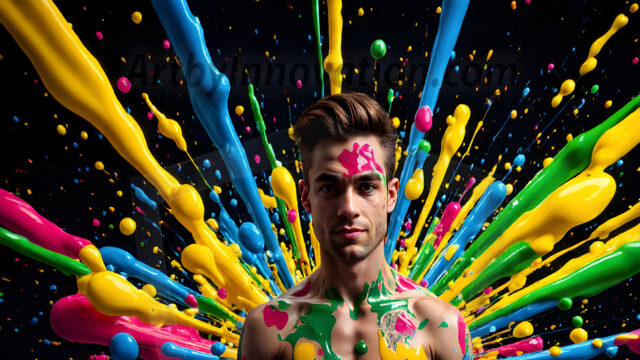 Paint Splat Fun - Hot men having fun with body paint. AI-generated abstract art featuring beautiful, handsome, sexy, shirtless, men, boys, lads, full of excitement joy and fun, covered in body paint, dynamic, interactive, Combining elements of realism with surreal abstract qualities, showcasing the potential of AI in artistic expression. Photos of guys, just smiling, happy, and having a good time. Most of them are smiling because a paint bomb just blow up next to them, so I'm calling is Abstract Art. When paint attacks and makes people happy, it's Art!