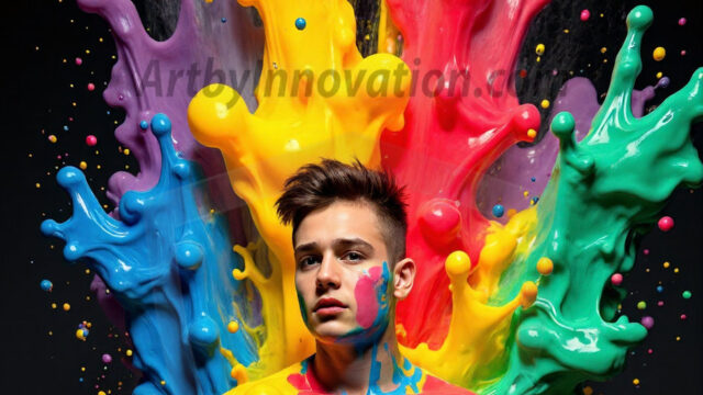 Paint Splat Fun - Hot men having fun with body paint. AI-generated abstract art featuring beautiful, handsome, sexy, shirtless, men, boys, lads, full of excitement joy and fun, covered in body paint, dynamic, interactive, Combining elements of realism with surreal abstract qualities, showcasing the potential of AI in artistic expression. Photos of guys, just smiling, happy, and having a good time. Most of them are smiling because a paint bomb just blow up next to them, so I'm calling is Abstract Art. When paint attacks and makes people happy, it's Art!