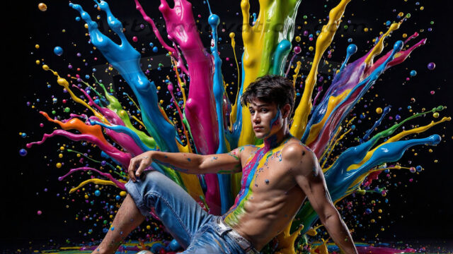 Paint Splat Fun - Hot men having fun with body paint. AI-generated abstract art featuring beautiful, handsome, sexy, shirtless, men, boys, lads, full of excitement joy and fun, covered in body paint, dynamic, interactive, Combining elements of realism with surreal abstract qualities, showcasing the potential of AI in artistic expression. Photos of guys, just smiling, happy, and having a good time. Most of them are smiling because a paint bomb just blow up next to them, so I'm calling is Abstract Art. When paint attacks and makes people happy, it's Art!