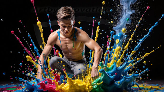Paint Splat Fun - Hot men having fun with body paint. AI-generated abstract art featuring beautiful, handsome, sexy, shirtless, men, boys, lads, full of excitement joy and fun, covered in body paint, dynamic, interactive, Combining elements of realism with surreal abstract qualities, showcasing the potential of AI in artistic expression. Photos of guys, just smiling, happy, and having a good time. Most of them are smiling because a paint bomb just blow up next to them, so I'm calling is Abstract Art. When paint attacks and makes people happy, it's Art!