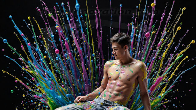 Paint Splat Fun - Hot men having fun with body paint. AI-generated abstract art featuring beautiful, handsome, sexy, shirtless, men, boys, lads, full of excitement joy and fun, covered in body paint, dynamic, interactive, Combining elements of realism with surreal abstract qualities, showcasing the potential of AI in artistic expression. Photos of guys, just smiling, happy, and having a good time. Most of them are smiling because a paint bomb just blow up next to them, so I'm calling is Abstract Art. When paint attacks and makes people happy, it's Art!