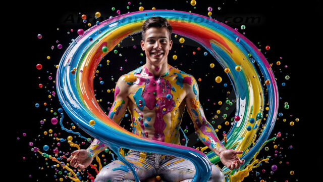 Paint Splat Fun - Hot men having fun with body paint. AI-generated abstract art featuring beautiful, handsome, sexy, shirtless, men, boys, lads, full of excitement joy and fun, covered in body paint, dynamic, interactive, Combining elements of realism with surreal abstract qualities, showcasing the potential of AI in artistic expression. Photos of guys, just smiling, happy, and having a good time. Most of them are smiling because a paint bomb just blow up next to them, so I'm calling is Abstract Art. When paint attacks and makes people happy, it's Art!