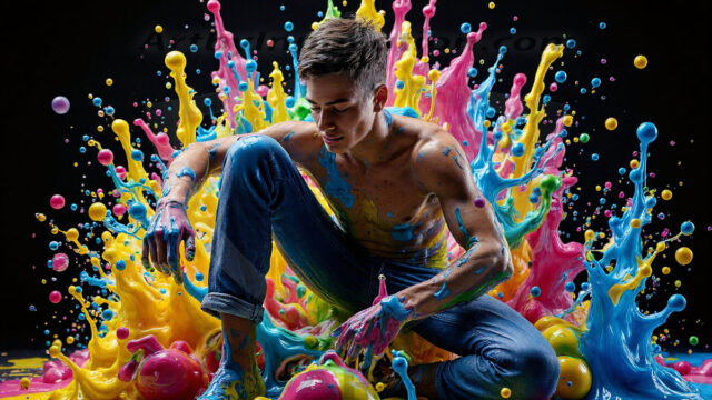 Paint Splat Fun - Hot men having fun with body paint. AI-generated abstract art featuring beautiful, handsome, sexy, shirtless, men, boys, lads, full of excitement joy and fun, covered in body paint, dynamic, interactive, Combining elements of realism with surreal abstract qualities, showcasing the potential of AI in artistic expression. Photos of guys, just smiling, happy, and having a good time. Most of them are smiling because a paint bomb just blow up next to them, so I'm calling is Abstract Art. When paint attacks and makes people happy, it's Art!