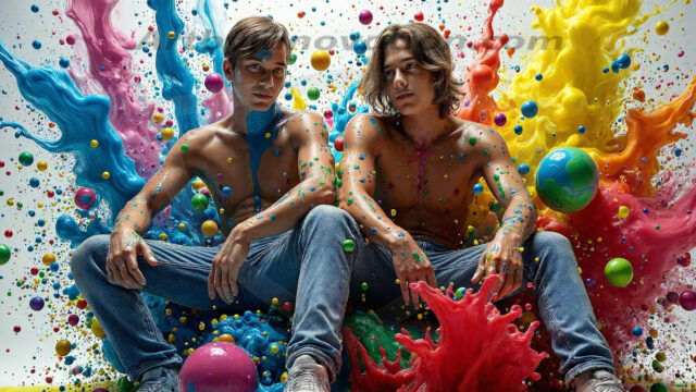 Paint Splat Fun - Hot men having fun with body paint. AI-generated abstract art featuring beautiful, handsome, sexy, shirtless, men, boys, lads, full of excitement joy and fun, covered in body paint, dynamic, interactive, Combining elements of realism with surreal abstract qualities, showcasing the potential of AI in artistic expression. Photos of guys, just smiling, happy, and having a good time. Most of them are smiling because a paint bomb just blow up next to them, so I'm calling is Abstract Art. When paint attacks and makes people happy, it's Art!