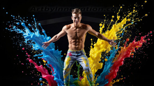 Paint Splat Fun - Hot men having fun with body paint. AI-generated abstract art featuring beautiful, handsome, sexy, shirtless, men, boys, lads, full of excitement joy and fun, covered in body paint, dynamic, interactive, Combining elements of realism with surreal abstract qualities, showcasing the potential of AI in artistic expression. Photos of guys, just smiling, happy, and having a good time. Most of them are smiling because a paint bomb just blow up next to them, so I'm calling is Abstract Art. When paint attacks and makes people happy, it's Art!