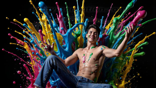 Paint Splat Fun - Hot men having fun with body paint. AI-generated abstract art featuring beautiful, handsome, sexy, shirtless, men, boys, lads, full of excitement joy and fun, covered in body paint, dynamic, interactive, Combining elements of realism with surreal abstract qualities, showcasing the potential of AI in artistic expression. Photos of guys, just smiling, happy, and having a good time. Most of them are smiling because a paint bomb just blow up next to them, so I'm calling is Abstract Art. When paint attacks and makes people happy, it's Art!
