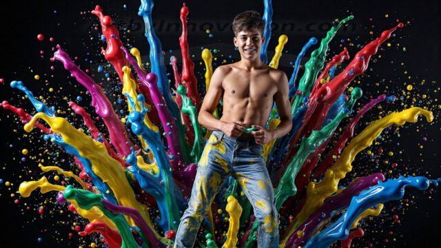 Paint Splat Fun - Hot men having fun with body paint. AI-generated abstract art featuring beautiful, handsome, sexy, shirtless, men, boys, lads, full of excitement joy and fun, covered in body paint, dynamic, interactive, Combining elements of realism with surreal abstract qualities, showcasing the potential of AI in artistic expression. Photos of guys, just smiling, happy, and having a good time. Most of them are smiling because a paint bomb just blow up next to them, so I'm calling is Abstract Art. When paint attacks and makes people happy, it's Art!