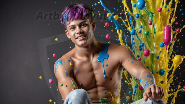 Paint Splat Fun - Hot men having fun with body paint. AI-generated abstract art featuring beautiful, handsome, sexy, shirtless, men, boys, lads, full of excitement joy and fun, covered in body paint, dynamic, interactive, Combining elements of realism with surreal abstract qualities, showcasing the potential of AI in artistic expression. Photos of guys, just smiling, happy, and having a good time. Most of them are smiling because a paint bomb just blow up next to them, so I'm calling is Abstract Art. When paint attacks and makes people happy, it's Art!