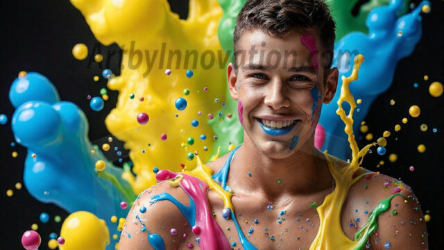 Paint Splat Fun - Hot men having fun with body paint. AI-generated abstract art featuring beautiful, handsome, sexy, shirtless, men, boys, lads, full of excitement joy and fun, covered in body paint, dynamic, interactive, Combining elements of realism with surreal abstract qualities, showcasing the potential of AI in artistic expression. Photos of guys, just smiling, happy, and having a good time. Most of them are smiling because a paint bomb just blow up next to them, so I'm calling is Abstract Art. When paint attacks and makes people happy, it's Art!