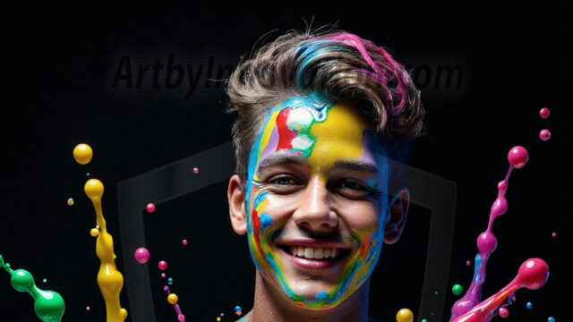 Paint Splat Fun - Hot men having fun with body paint. AI-generated abstract art featuring beautiful, handsome, sexy, shirtless, men, boys, lads, full of excitement joy and fun, covered in body paint, dynamic, interactive, Combining elements of realism with surreal abstract qualities, showcasing the potential of AI in artistic expression. Photos of guys, just smiling, happy, and having a good time. Most of them are smiling because a paint bomb just blow up next to them, so I'm calling is Abstract Art. When paint attacks and makes people happy, it's Art!