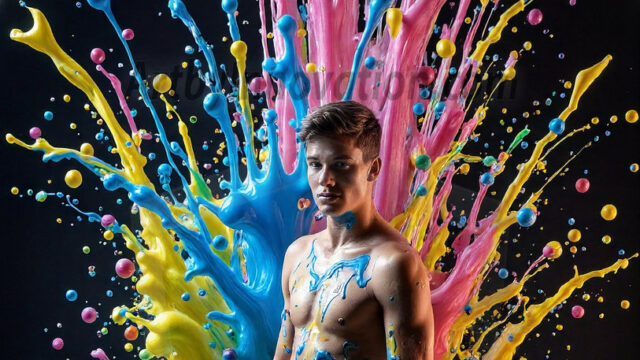 Paint Splat Fun - Hot men having fun with body paint. AI-generated abstract art featuring beautiful, handsome, sexy, shirtless, men, boys, lads, full of excitement joy and fun, covered in body paint, dynamic, interactive, Combining elements of realism with surreal abstract qualities, showcasing the potential of AI in artistic expression. Photos of guys, just smiling, happy, and having a good time. Most of them are smiling because a paint bomb just blow up next to them, so I'm calling is Abstract Art. When paint attacks and makes people happy, it's Art!
