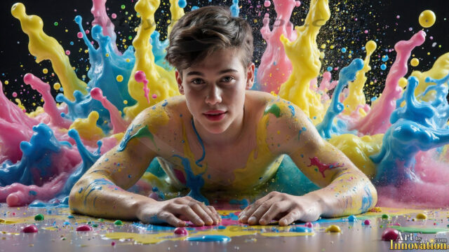Paint Splat Fun - Hot men having fun with body paint. AI-generated abstract art featuring beautiful, handsome, sexy, shirtless, men, boys, lads, full of excitement joy and fun, covered in body paint, dynamic, interactive, Combining elements of realism with surreal abstract qualities, showcasing the potential of AI in artistic expression. Photos of guys, just smiling, happy, and having a good time. Most of them are smiling because a paint bomb just blow up next to them, so I'm calling is Abstract Art. When paint attacks and makes people happy, it's Art!